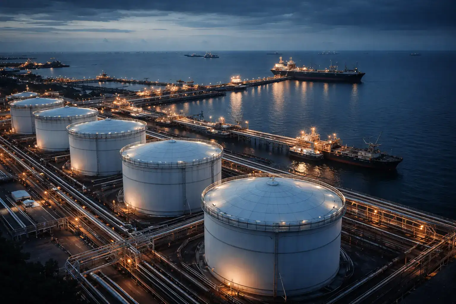 Fuel terminal at twilight with tankers